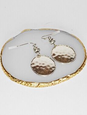 Hammered Silver Coin Disc MedallionDangle Earrings Brutalist MCM Boho Chic 1970s